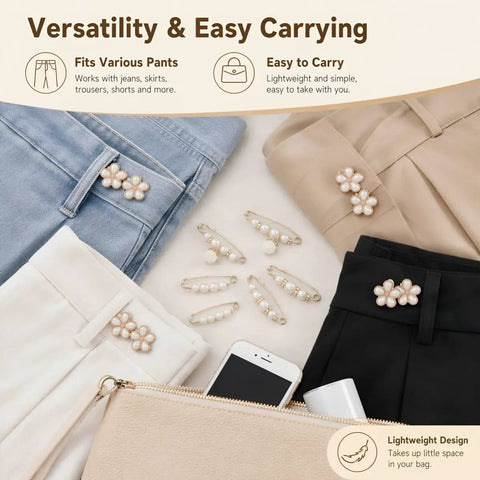 Premium Pearl Waist Adjustment Clips For Baggy Pants No Sew Button Fasteners Discreet Hidden Fashion Pin on various trousers.