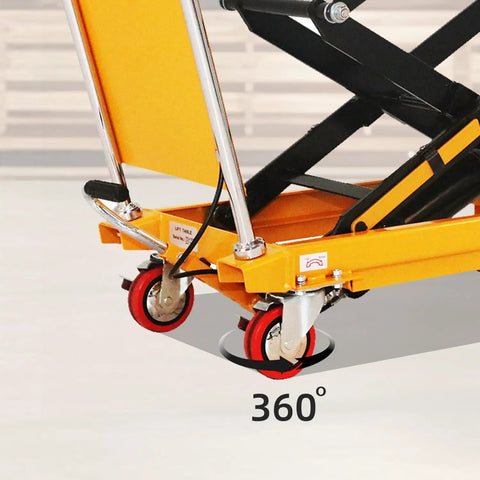 Heavy Duty Manual Scissor Lift Cart With Solid Hydraulic Base For Smooth Job Site Hustle And Garage Transport Easy Foot Pedal Operation Handles Three Hundred Thirty Pounds Like A Champ, showing 360-degree swivel casters.