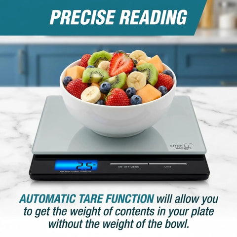 Get Your Hands on This Highly Accurate Digital Postal Scale Featuring a Durable Tempered Glass Platform Perfect for Weighing USPS Mail Letters and Packages Up to Eleven Pounds Makes Everyday Shipping and Packaging Super Easy and Reliable for Home or with a bowl of mixed fruits on display.