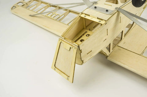 Detachable Wing 47 Inch RC Airplane Kit Upgrade With Pro Grade Motor ESC Servo And Covering Film For Adults Vintage Balsa Wood Model DIY Build Kit showing balsa wood frame with magnet lock cabin open