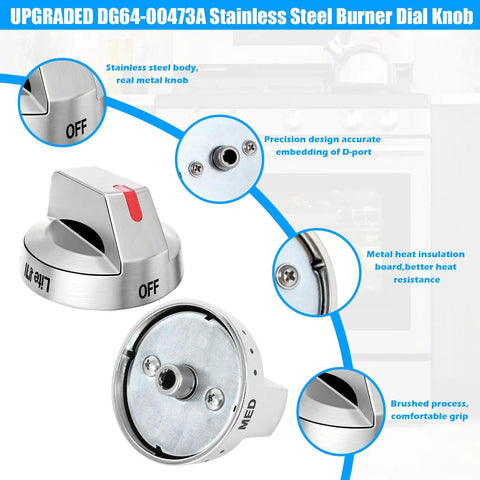 Stove Knob Replacement Set For Samsung Gas Range And Oven DG64-00473A, close-up of stainless steel burner control dial