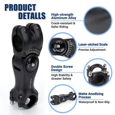 Adjustable Bike Stem For 25.4mm Handlebars And 28.6mm Forks, 100mm Center Length, Aluminum Riser with product details