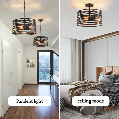 Industrial Semi Flush Mount Ceiling Light With 3 Light Vintage Chandelier In Black Rustic Metal Fixture in hallway and bedroom
