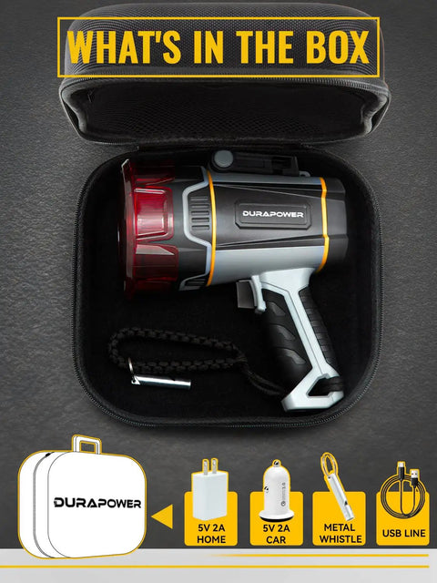 Ultra Bright Waterproof Boat Spotlight Handheld Flashlight in case with USB, car adapter, whistle, and home charger