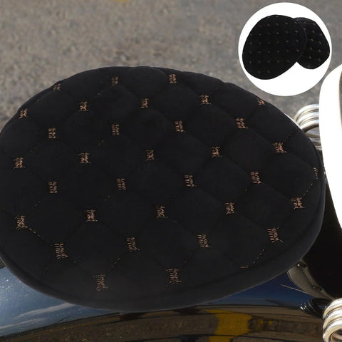Kickass Black Plush Motorcycle Seat Cover With Dope QuickGrip Straps For Dirt Bikes And Mopeds Providing Cozy Winter Warmth seen from above with quilted pattern.