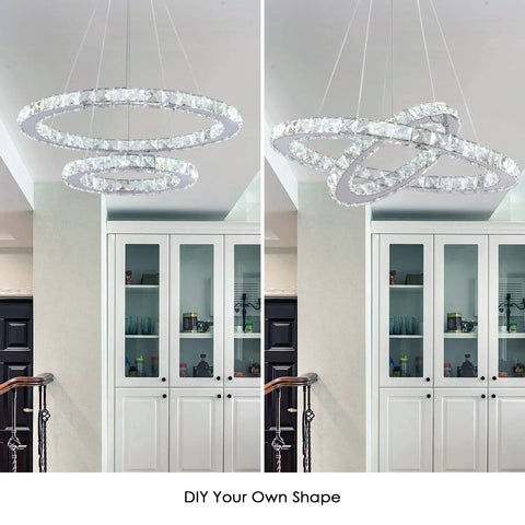LED Modern Crystal Ring Pendant Chandelier With Two Adjustable Rings And K9 Crystals in living room setting