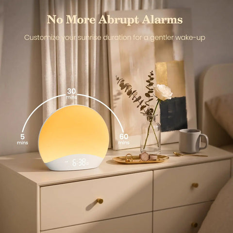 Sunrise alarm clock on bedside table with customizable wake-up timer; part of Rock Solid Sound Machine Paired With Sunrise Alarm Clock And Soothing Night Light For Chill Bedroom Upgrades Deep Sleep Cycles And Smooth Morning Wake Ups.