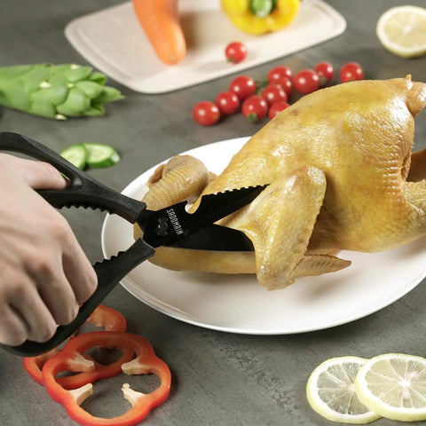 All-Purpose Kitchen Scissors With Extra Sharp Blades, Built-In Knife Sharpener And Sheath, Stainless Steel Anti-Rust Black Titanium Plated, Dishwasher Safe, Heavy Duty Shears For Poultry Meats And Everyday Cutting, Green; cutting roasted chicken