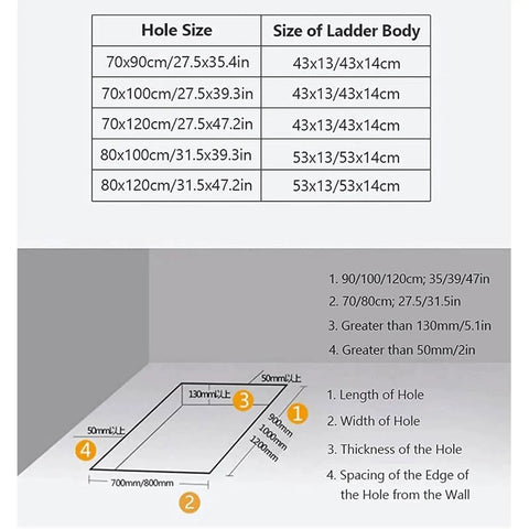 Detailed installation guide showing hole sizes and ladder body dimensions for Heavy Duty Electric Telescopic Attic Stairs With Non Slip Treads Smooth Folding Ceiling Ladder No Sweat Installation For Lofts Built Like A Tank To Handle Heavy Loads Daily.