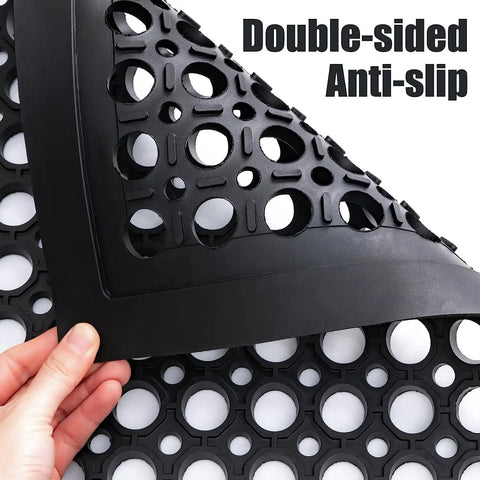 Anti Fatigue Outdoor Rubber Floor Mats 2 Pack For Commercial Kitchens And Restaurants Grippy Non Slip Drainage Mats For Indoor Outdoor Use Bar Garage 36x60 Inches Black shown close-up displaying double-sided anti-slip design.