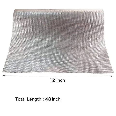 Fiberglass Heat Shield Tape With Aluminum Backing, Self Adhesive 12 By 48 Inch Insulation Sheet displayed with dimensions.