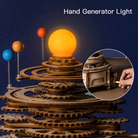 3D Wooden Orrery Solar System Puzzle Kit for Adults, Huge Planet Model With 8 Orbiting Planets, Mechanical Gear Building Toy, Easy Assembly, Epic Gift for Science Lovers and STEM Fans, hand-crank light