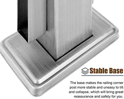 Hella Durable 304 Stainless Steel Corner Post For Glass Railing With Rock Solid Rectangle Base, close-up of the stable base design.