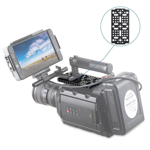 Battle Tested Camera Cheese Plate With Dual Thread Options Secure Switching Mount Featuring Arri Align Pin for quick rig swaps on camera.