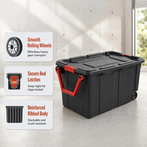 Two Pack 160 Quart Black Stackable Rolling Storage Bins with Heavy Duty Red Latches and Smooth Glide Wheels for Garage Organization and Moving Loads Like a Champ without Breaking a Sweat, featuring red latches and wheels.