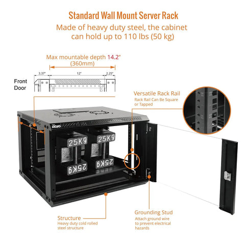 Heavy Duty 6U Wall Mount Server Cabinet With Lockable Glass Doors And Side Panels Matte Black Finish side view with interior details