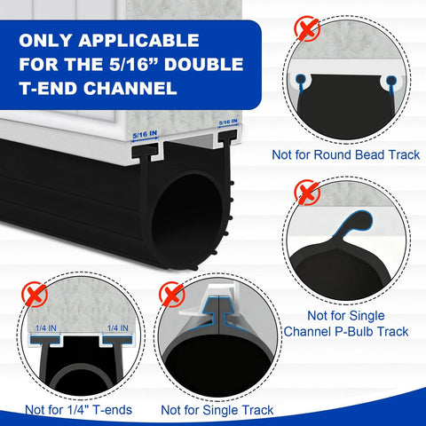 DGSL garage door bottom weather seal; 16 ft black rubber with 5/16 inch T-end channel for universal threshold sealing