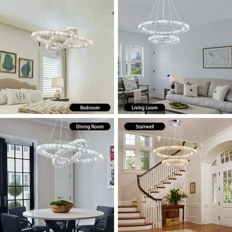 Modern 4-Ring Crystal LED Chandelier With Adjustable Height, K9 Crystal and Stainless Steel hanging in various rooms