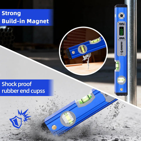 Heavy Duty Aluminum 16 Inch Digital Level With Glowing Cross Bubbles And Smart Light Trigger Built Tough, featuring built-in magnet
