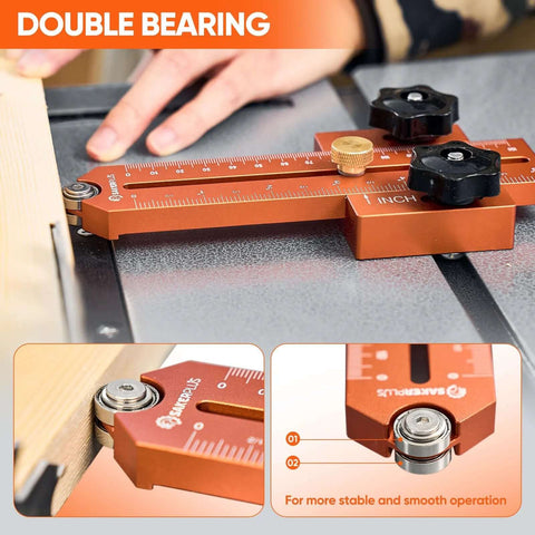 Thin Rip Jig table saw guide in orange installed on a fence with scale and dual knobs for narrow strip ripping