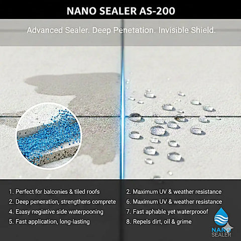Kickass Invisible Nano Coating For Stone Concrete Tile And Terrace Roofs Waterproof Breathable Barrier 17 Oz with protective water droplets on concrete.