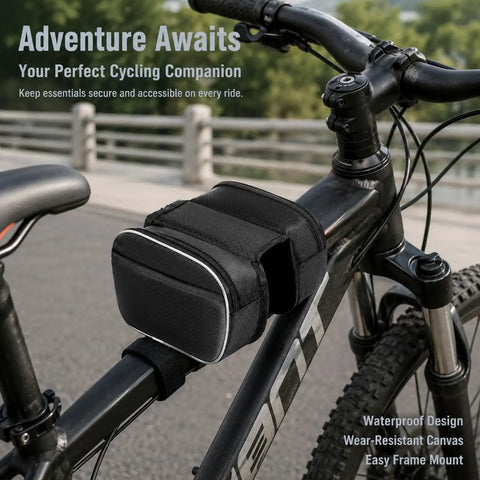 Dope Durable Bike Frame Bag For Long Rides, 20x16x6cm Canvas Full Frame Storage, Black with White Edge, Mounted on Bicycle Frame