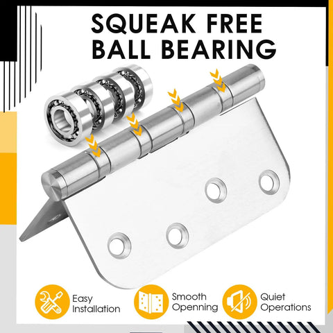 Heavy Duty Premium Stainless Steel Door Hinges Built Tough With Top Tier Ball Bearing Action So You Cannot Even Hear Them Moving While Securing Doors Perfectly With 3 Pack showing a ball bearing hinge and installation features.