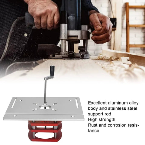 Pro Level Universal Router Table Insert Base Plate with manual crank system; aluminum alloy and stainless steel for woodworking.