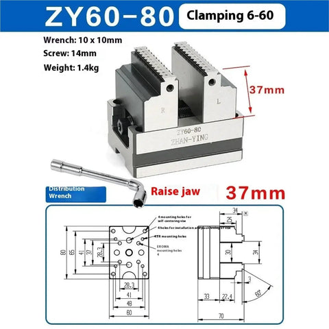 Heavy Duty Pneumatic Turntable Vise Fixture For Four And Five Axis Machining Centers Featuring Smooth Self Centering Flat Nose Grips and Rock Solid Holding Power with dimensions and wrench details.