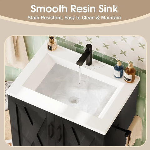 Upgrade Your Setup With This Slick 24 Inch Farmhouse Bathroom Vanity Featuring An Integrated Sink And Plenty Of Storage Cabinet Space In Sleek Matte Black For Clean Rustic Style That Hits Different. Close-up of smooth resin sink with water flow.