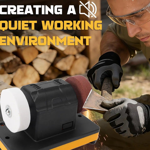 Powerful Cordless Mini Bench Grinder featuring Dual 3 Inch Wheels With Variable Speed Up To Six Thousand RPM, sharpening a tool.