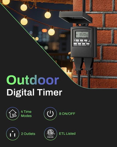 Outdoor Heavy Duty Digital Programmable Timer With Two Grounded Outlets, Waterproof, 7 Day Scheduling, wall mounted.