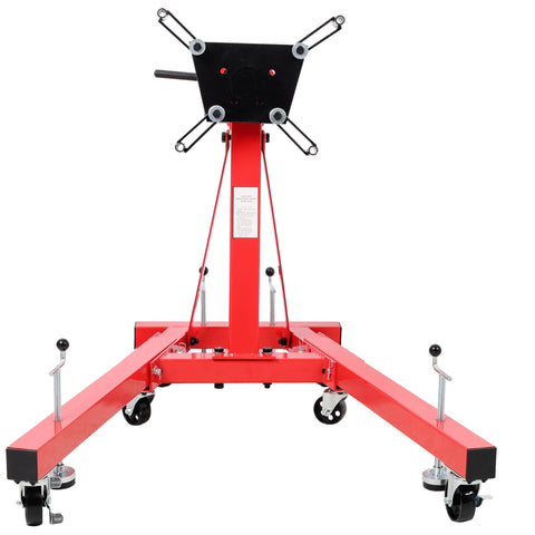 Heavy Duty Folding Engine Stand With 1500 Lb Rating And 360 Degree Geared Rotation Head Includes Smooth Rolling Locking Casters And Space Saving Fold Frame This Shop Floor Bad Boy Handles All V8 Motor Rebuilds In Red - front view with black rotator head.