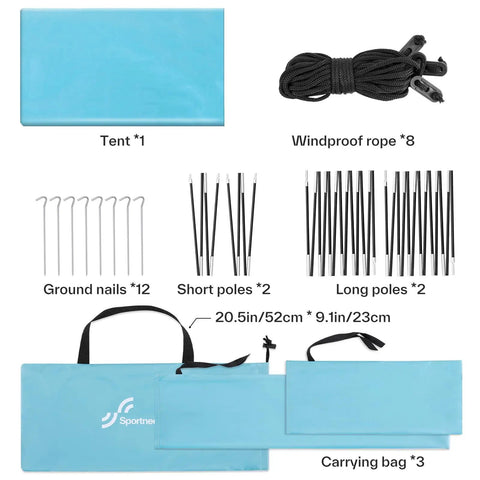 Beach Tent Sun Shelter Canopy With UPF 50 Protection, Comes With 8 Wind Ropes And 12 Ground Stakes, in carrying bag.