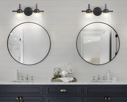 Oil Rubbed Bronze Modern 2 Light LED Bathroom Vanity Light With Clear Glass Bell Shades Wall Sconce For Mirror Hallway Kitchen 5.75 Inch ETL Listed LED Bulbs Included Easy Install above double vanity with mirrors