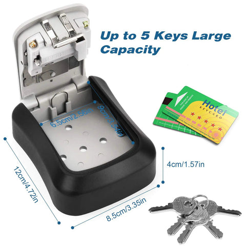 Weatherproof Wall Mounted Key Safe Box with 5 Key Capacity shown open with keys and access cards, 4.72x3.35x1.57 inches