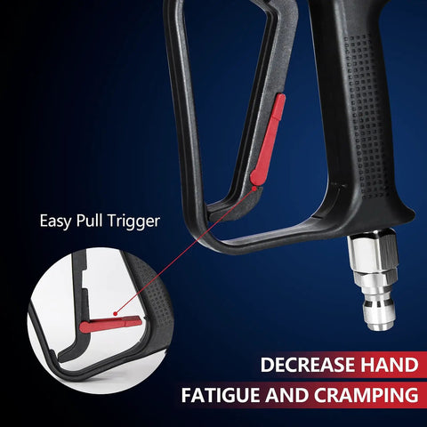 Close-up of High Flow Pressure Washer Gun With Swivel For 4000 PSI Power Washing showing easy pull trigger and quick connect.