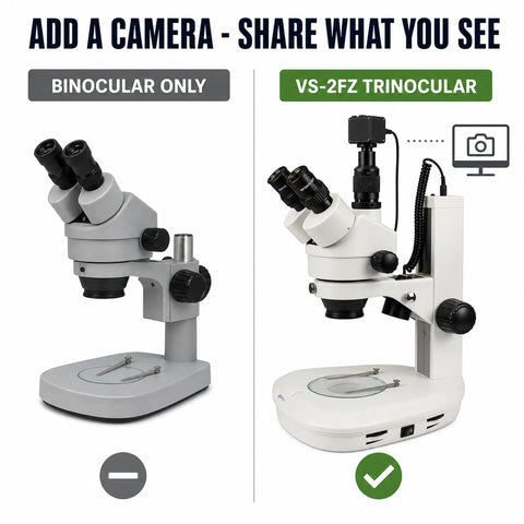 Trinocular Stereo Zoom Microscope 3.5X To 90X With Dual LED Illumination And 45 Degree Inclined Head, 360 Degree Rotating Ocular Tubes, Diopter Adjustment For Both Tubes, Long Life Cool LED Lighting With Adjustable Intensity. Trinocular model with camera mount compared to binocular only.
