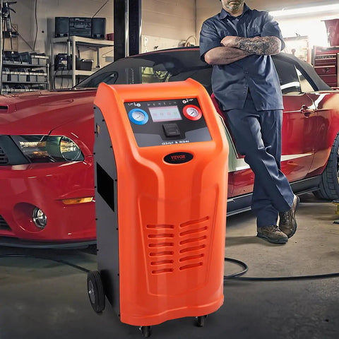 Fully Automatic Refrigerant Recovery Machine For R134A And R1234YF AC Systems in garage with technician and classic car.