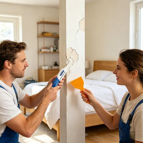 Two people using Fast Drying Wall Repair Putty Kit For Holes And Cracks Drywall Patch And Mending Compound on an interior wall.