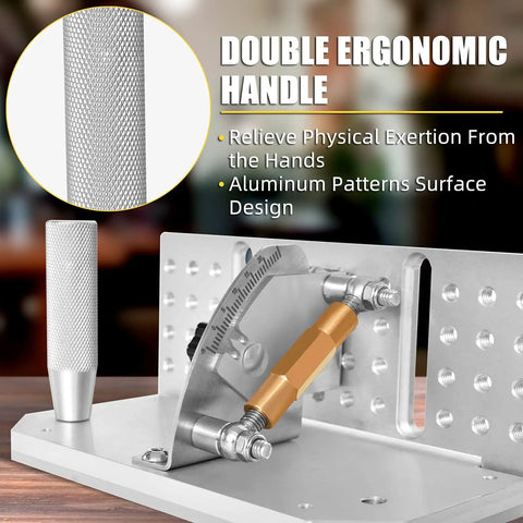 Pro Grade Belt Grinder Knife Jig With Adjustable Angle -5 To 25 Degrees, close-up of ergonomic handle and dual press plates.