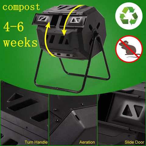 45 Gallon Rotating Compost Tumbler Bin With Large Dual Chamber, animal proof sliding door, outdoor garden composter shown.