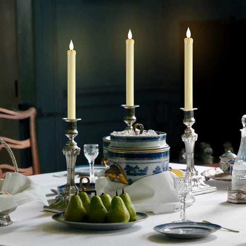 Dining table set with Flameless Taper Candles With Remote And Timer Battery Operated Led Flickering Ivory Plastic Candlesticks