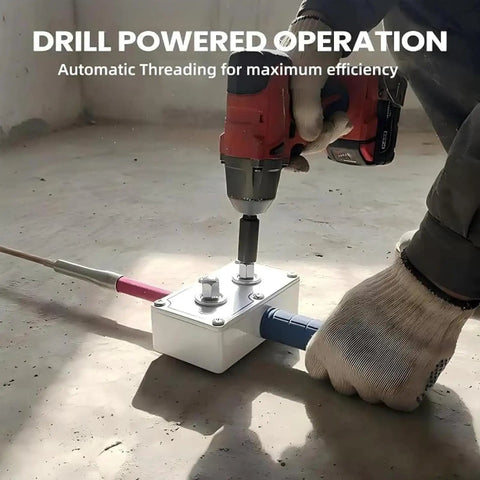 Drill Powered Wire Puller For Electricians Automatic Cable Stringing Assistant with ergonomic grip connecting to a cable box.