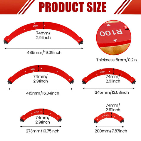 No Sweat Five Piece Round Corner Radius Template Set Tough Aluminum Alloy Router Jig For Quick Woodworking Arc Angle Positioning And Snappy Edge Layout - size details
