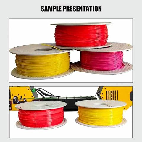 Sleek Desktop 3D Filament Extruder And Auto Coil Winder Churning Out Five Hundred Grams An Hour With Adjustable Four Hundred Degree Heat To Recycle PLA CF PETG CF And PA CF showing colorful filament spools.