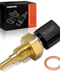 Front view of A-Premium 2-pin engine coolant temperature sensor with brass threaded body and black plastic connector, copper gasket.