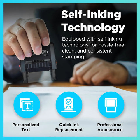 Self Inking Personalized Name Stamp For Office Use With Custom One Line Text person stamping document at desk