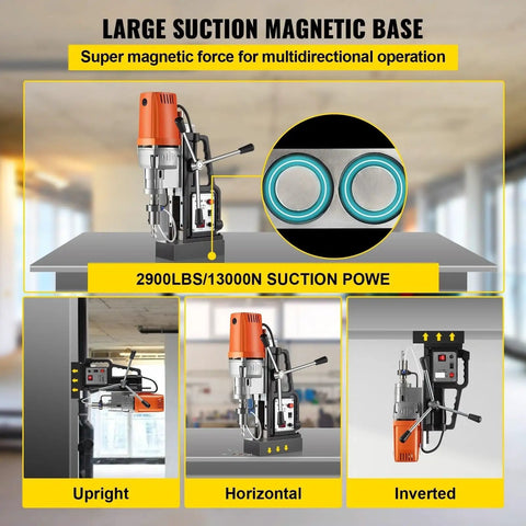 No Sweat Drilling With This 1680W Magnetic Drill Press Portable Bench Setup Loaded With 50mm HSS Annular Cutter Bits And Rock Solid 2900 Lbs Magnet Grip Power on magnetic base.