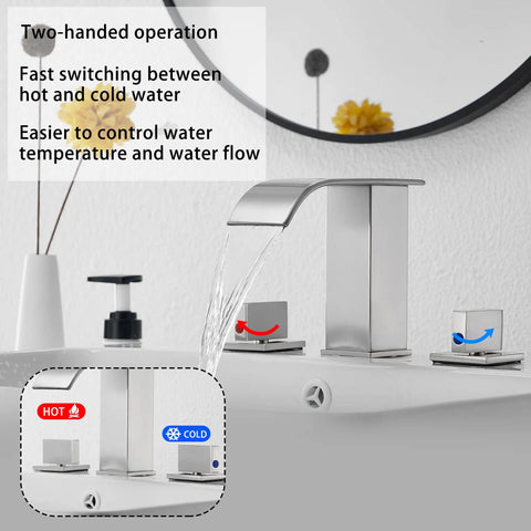 Brushed Nickel Widespread Bathroom Faucet With 3 Holes And 2 Handles Dope Modern Waterfall Sink Faucet With Pop Up Drain.